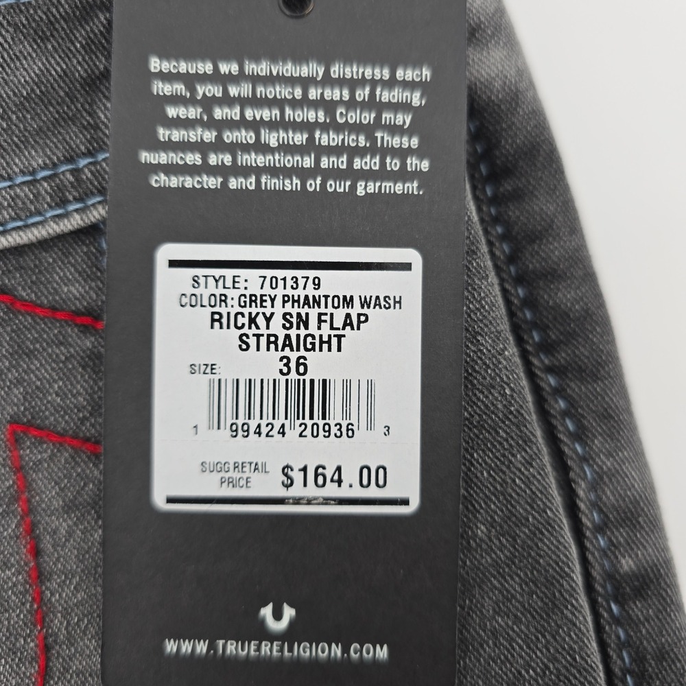 True Religion Ricky Relaxed Straight Jeans Mens Grey Phantom Wash 36x34 NWT - Picture 6 of 11
